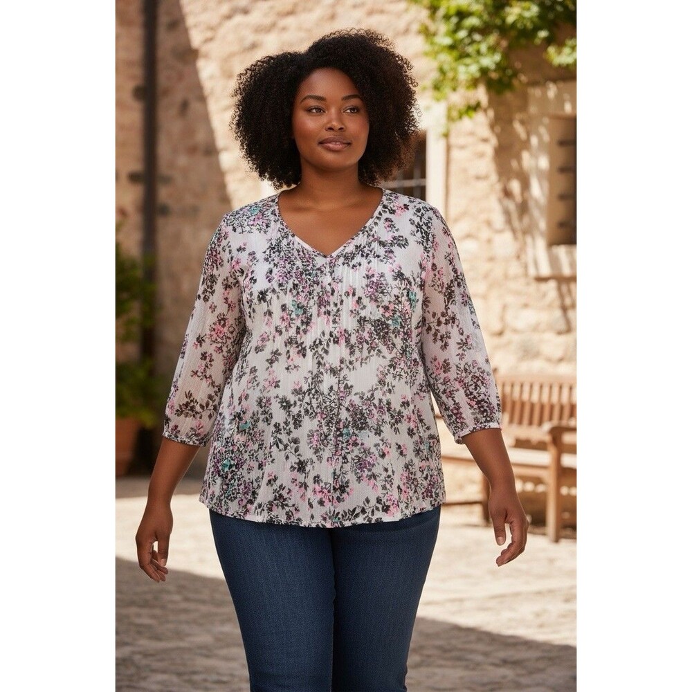 Torrid Floral Chiffon Pink Black Sheer Top Blouse Women's Plus Size 1 1X